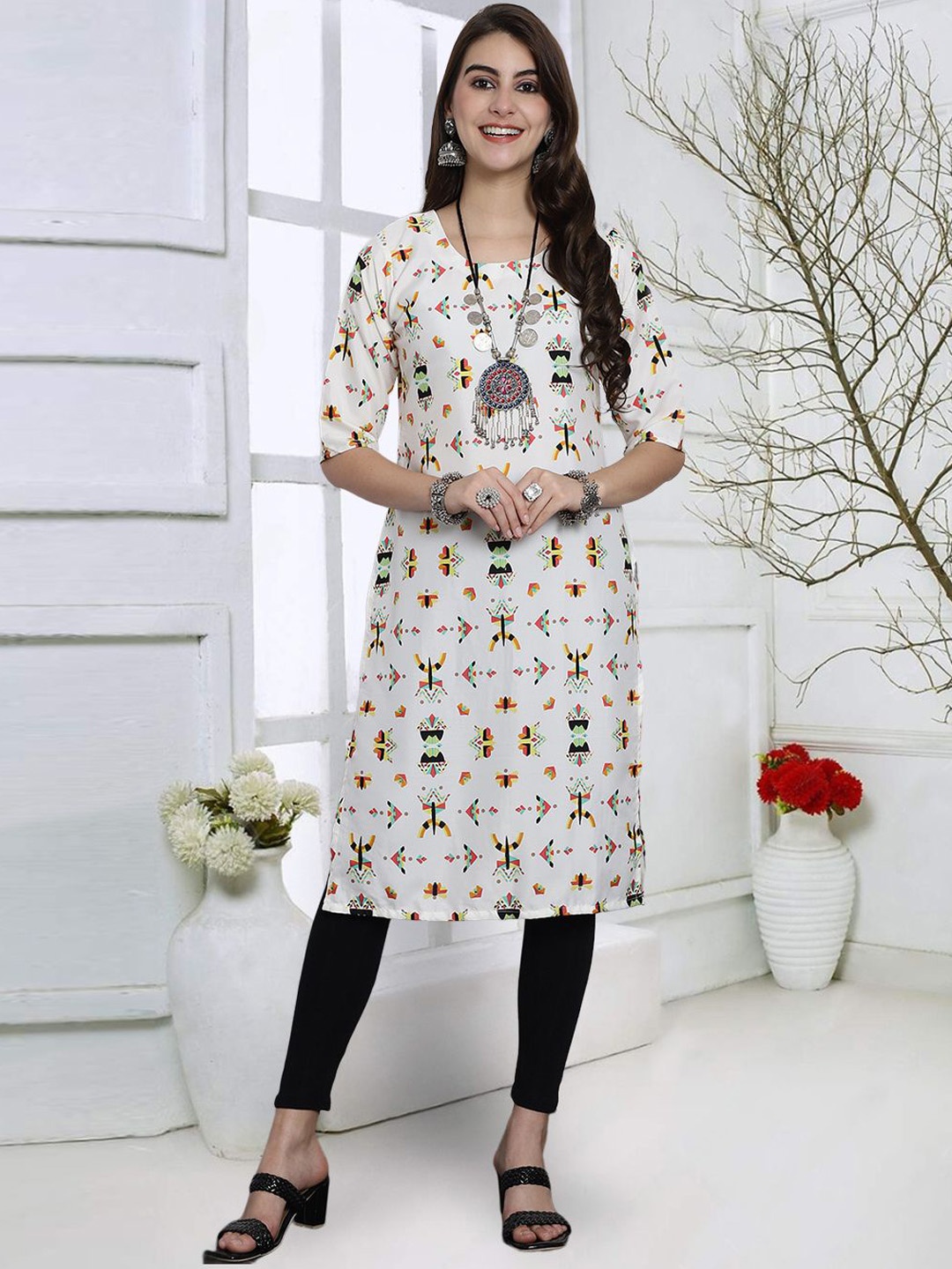 

7Threads Geometric Printed Round Neck Straight Kurta, White