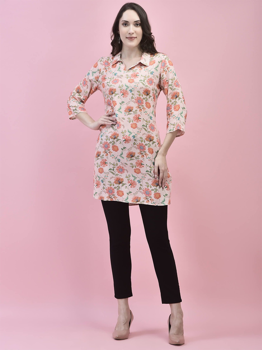 

Shree Floral Printed Shirt Collar Liva Kurti, Pink