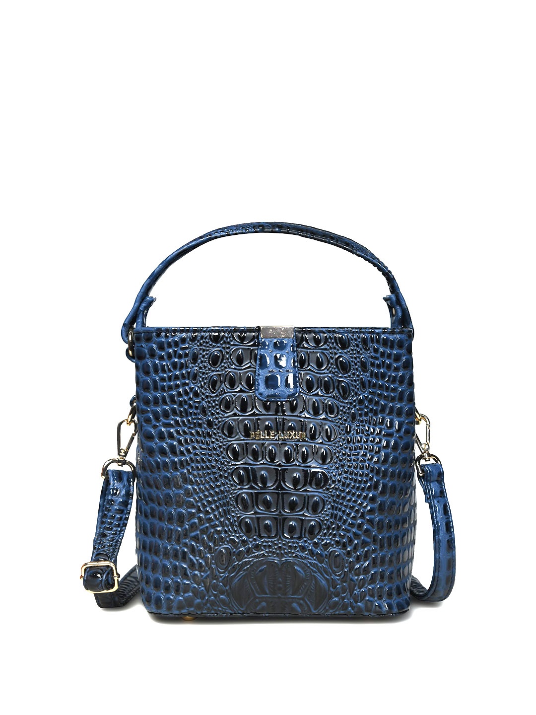 

PELLE LUXUR Textured PU Structured Handheld Bag with Cut Work, Navy blue