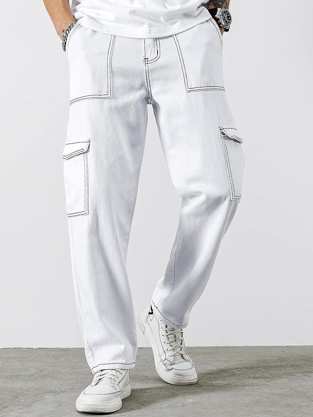 

MASTERLY WEFT Men Super Relaxed Fit Low Distress Stretchable Jeans, White