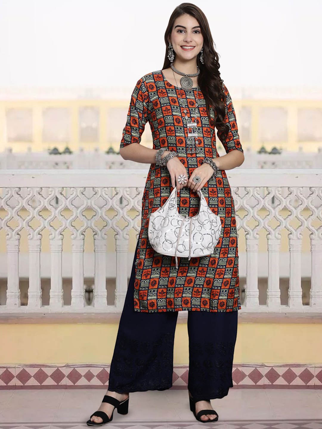 

7Threads Ethnic Motifs Printed Round Neck Straight Kurta, Red