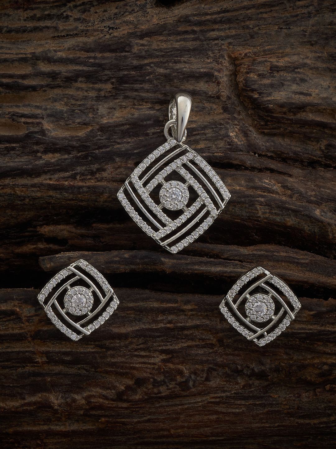 

Kushal's Fashion Jewellery Rhodium-Plated Stone Studded Pendant Jewellery Set, Silver