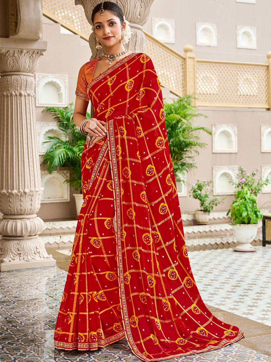 

Laxmipati Printed Bandhani Sequinned Saree, Red