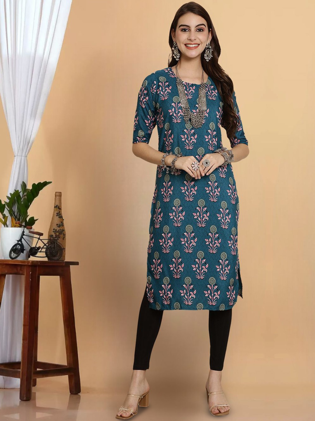 

7Threads Ethnic Motifs Printed Crepe Straight Kurta, Teal