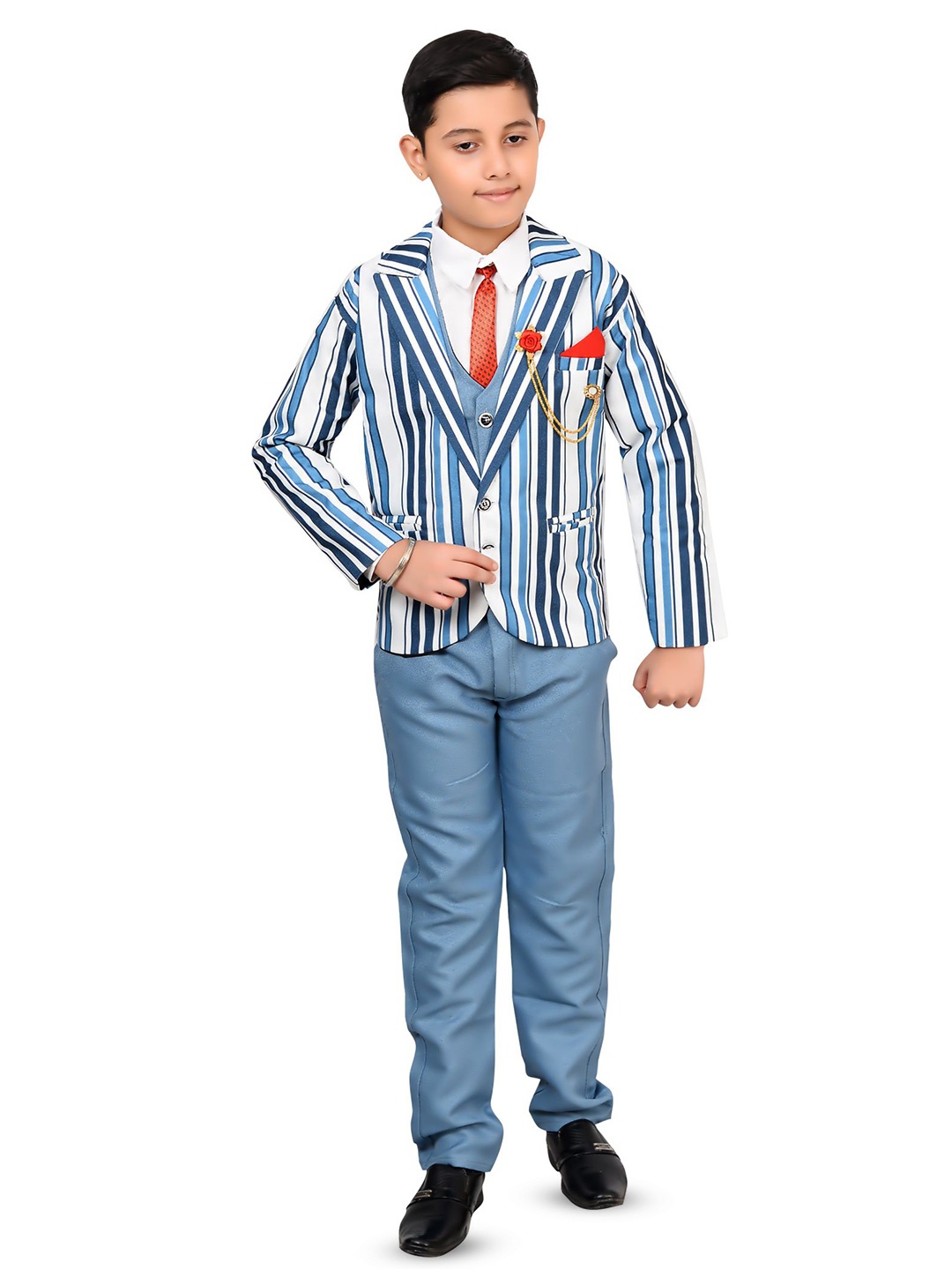 

BAESD Boys Striped Single-Breasted Four-Piece Partywear Suit, Blue