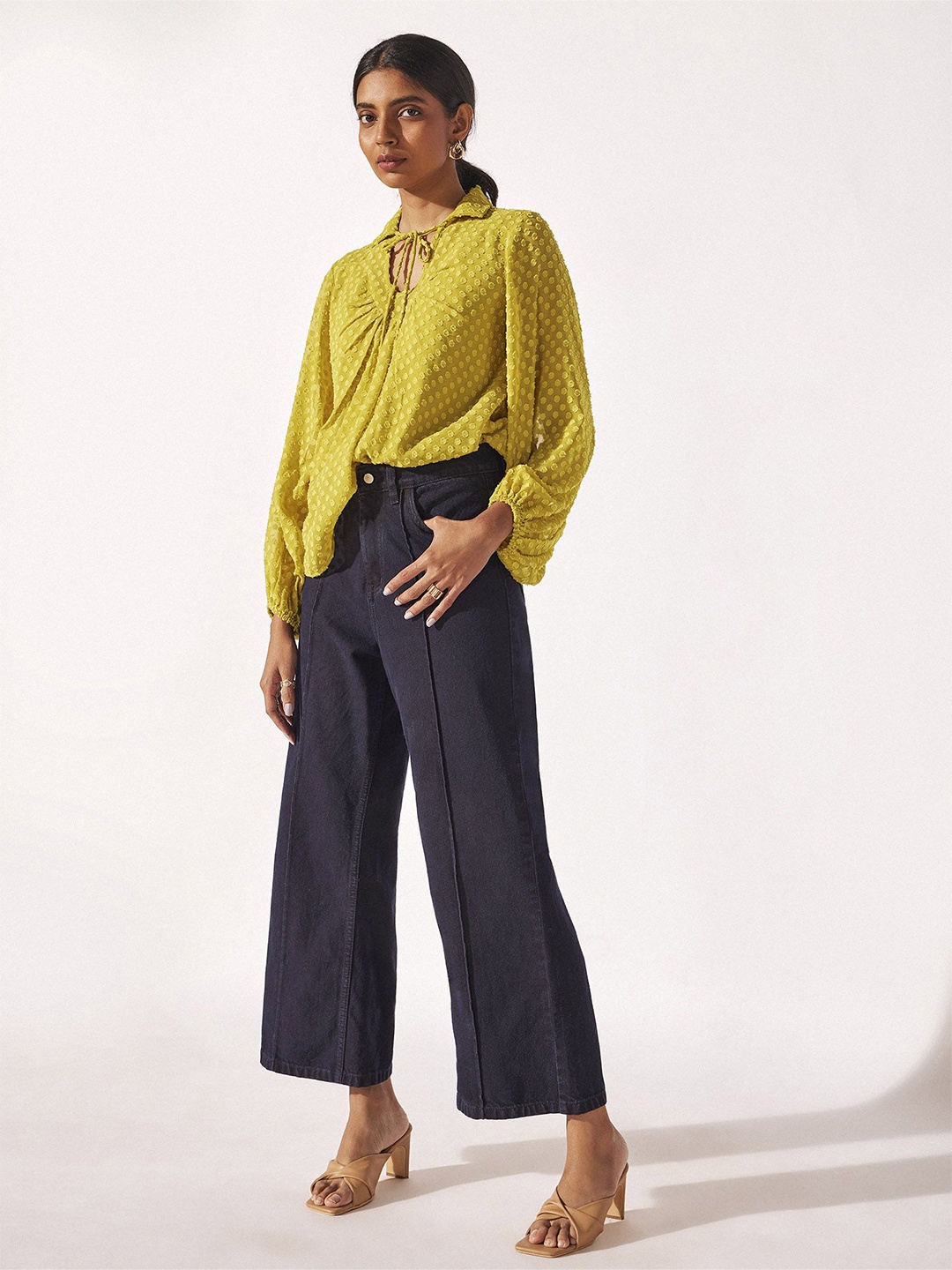 

The Label Life Women Self Design Shirt Collar Top, Yellow