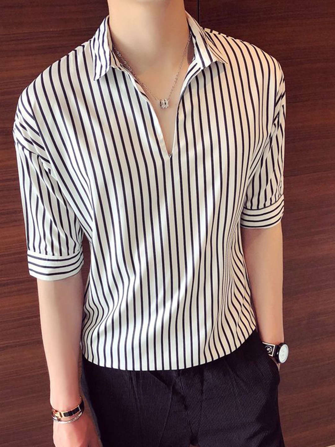 

StyleCast Men Slim Fit Opaque Striped Party Shirt, White