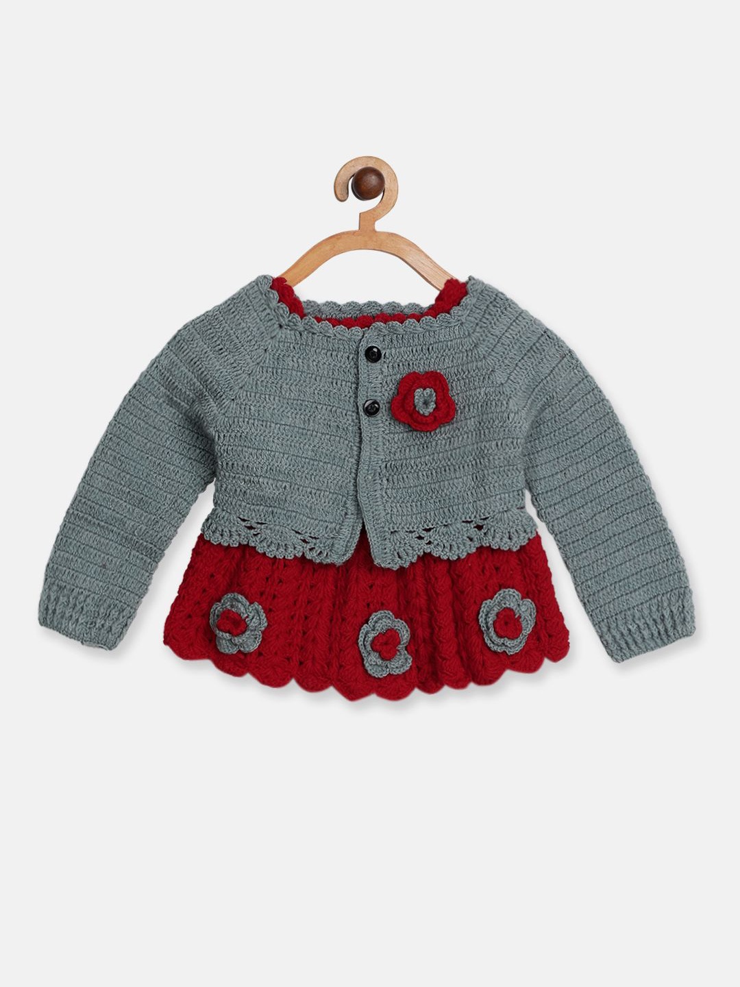 

CHUTPUT Girls Floral Self Design Pure Wool Dress, Maroon