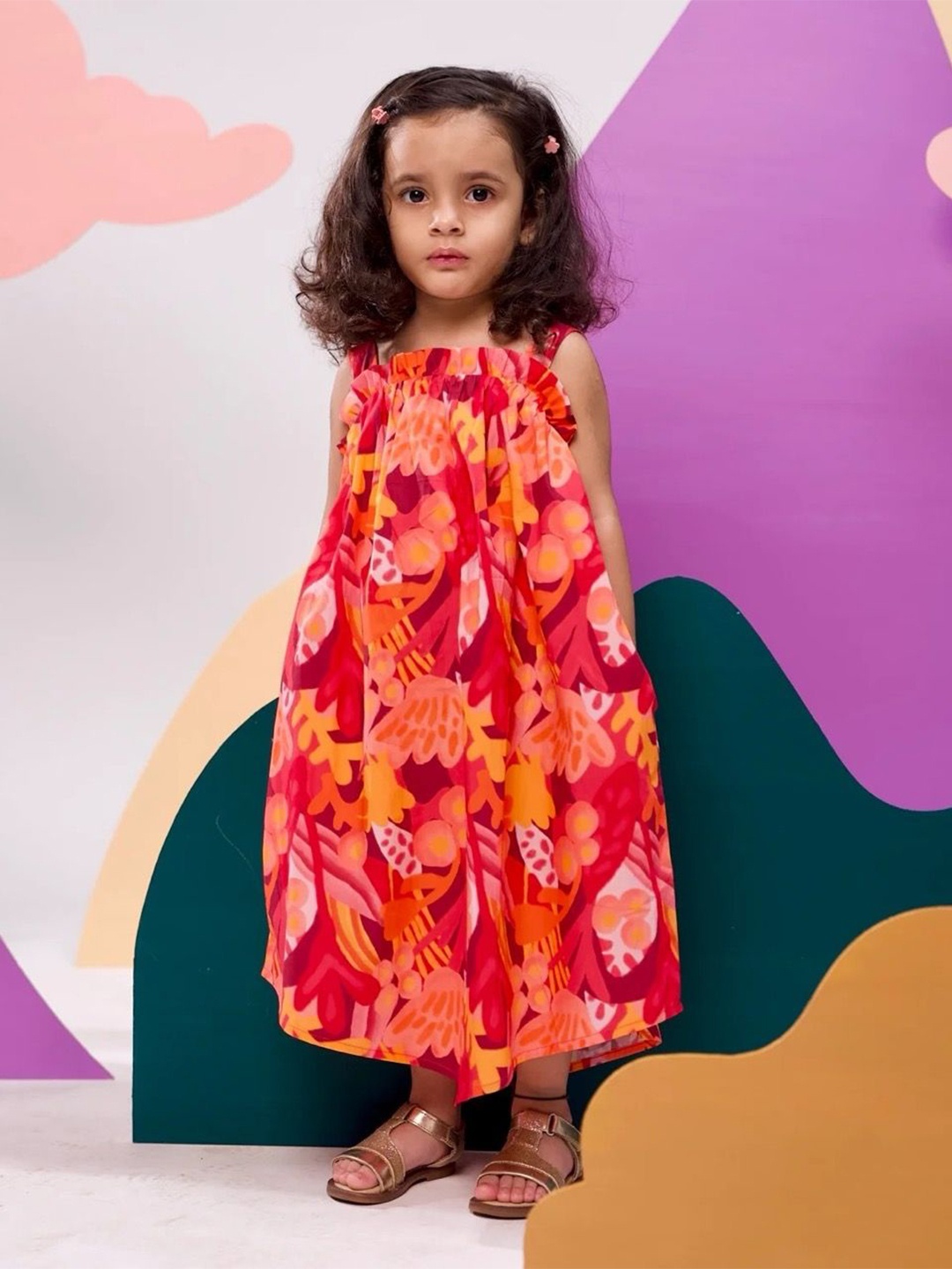 

Miko Lolo Girls Printed Shoulder Straps Organic Cotton Maxi Dress, Red