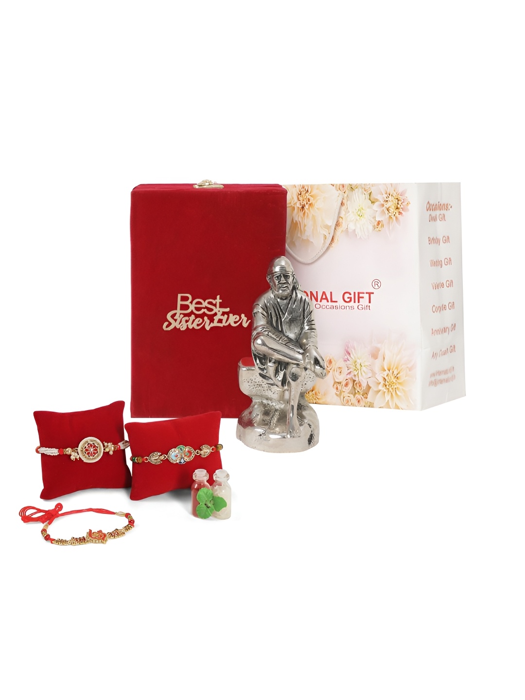 

INTERNATIONAL GIFT Set Of 3 Rakhis With Silver Sai Baba Idol Statue Showpiece