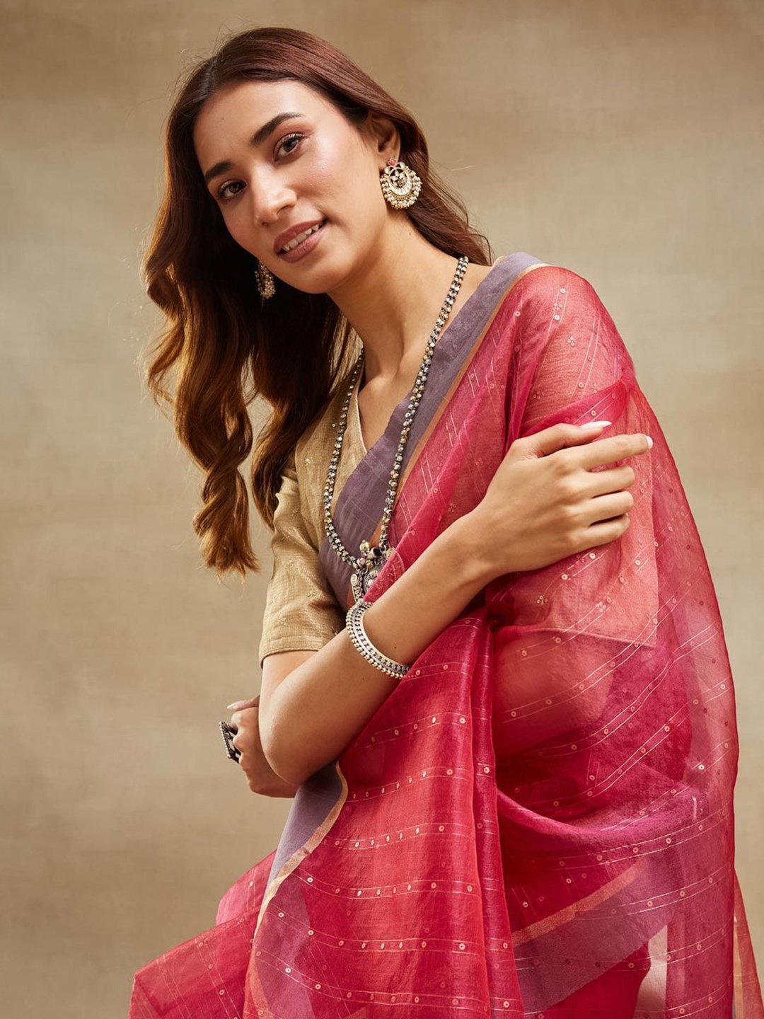 

Fabindia Embellished Sequinned hand woven Saree, Pink
