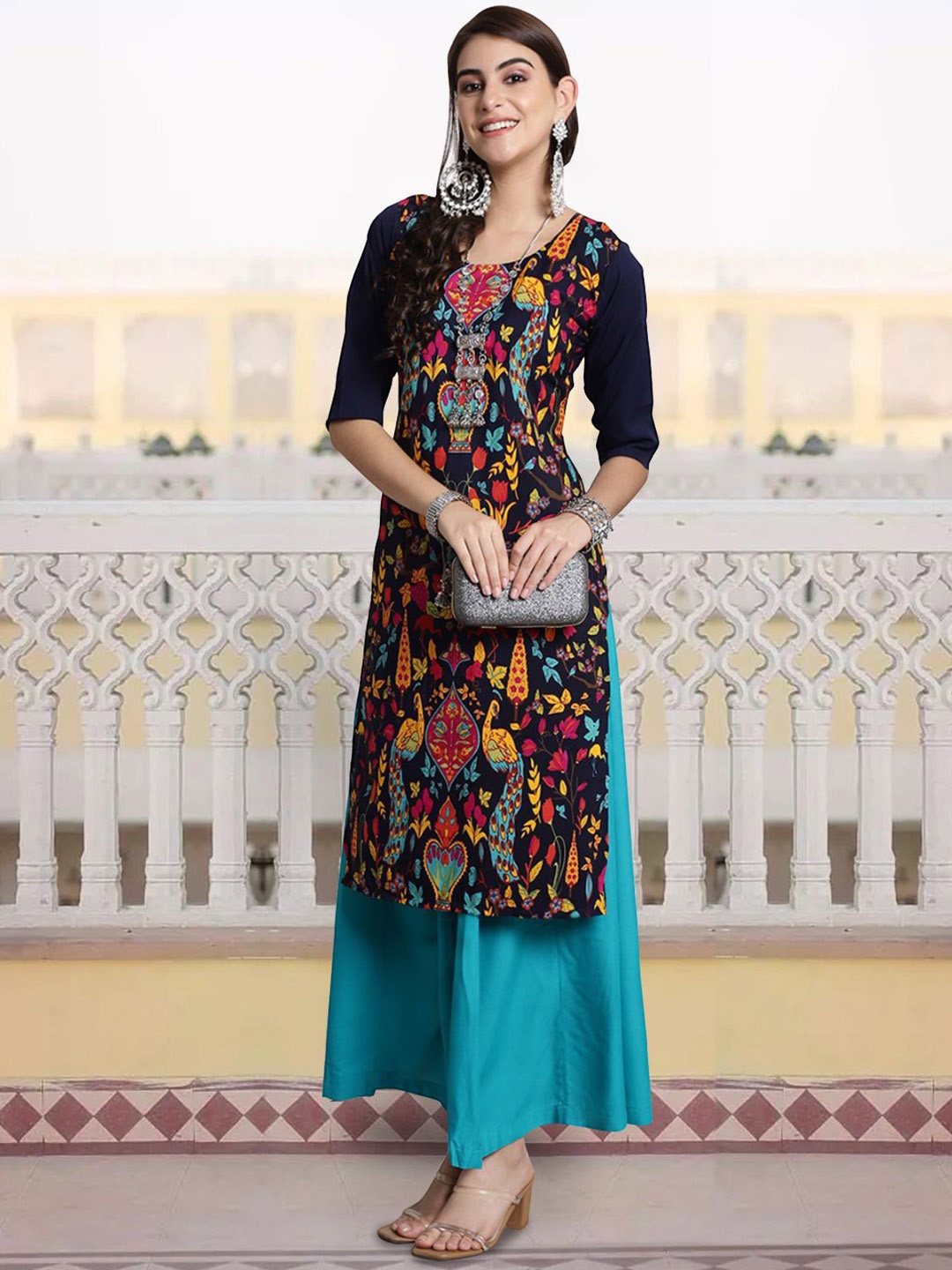 

7Threads Floral Printed Round Neck Straight Kurta, Navy blue