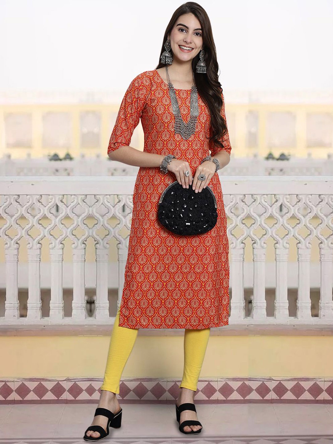 

7Threads Ethnic Motifs Printed Round Neck Straight Kurta, Orange