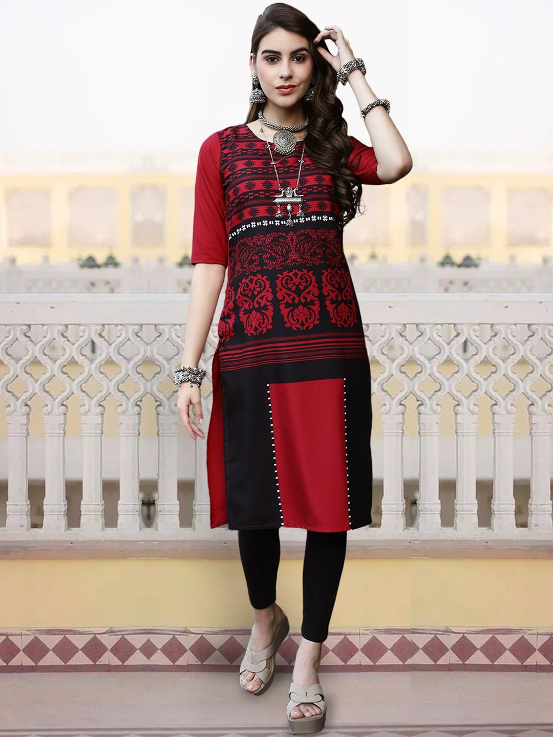 

7Threads Floral Printed Round Neck Short Sleeves Straight Kurta, Red