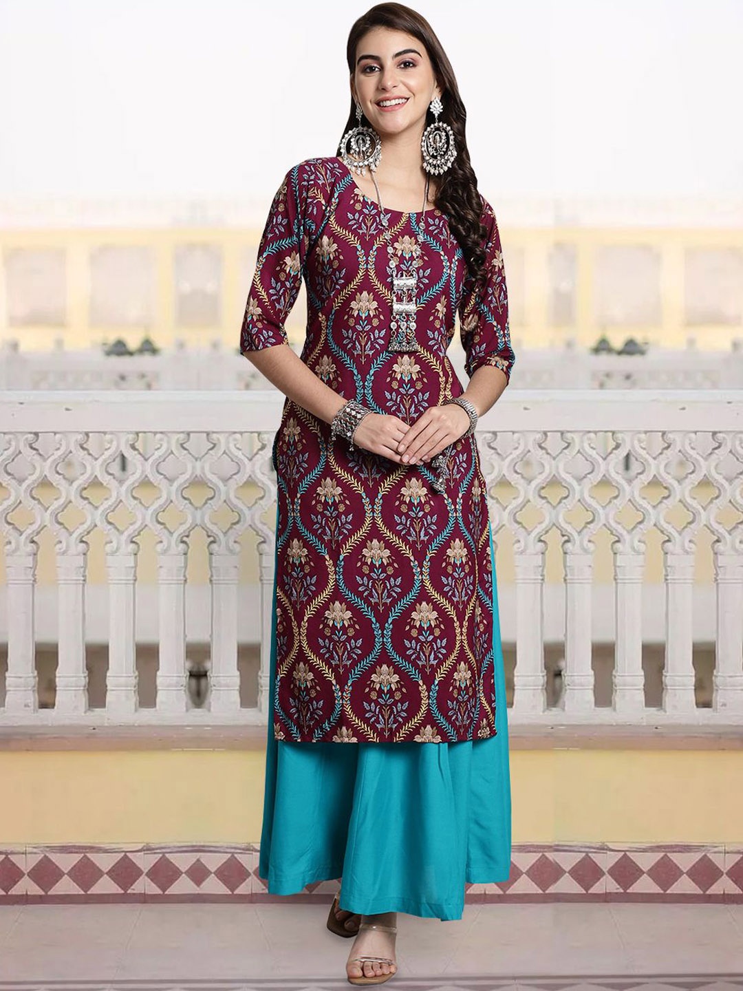 

7Threads Floral Printed Straight Kurta, Maroon