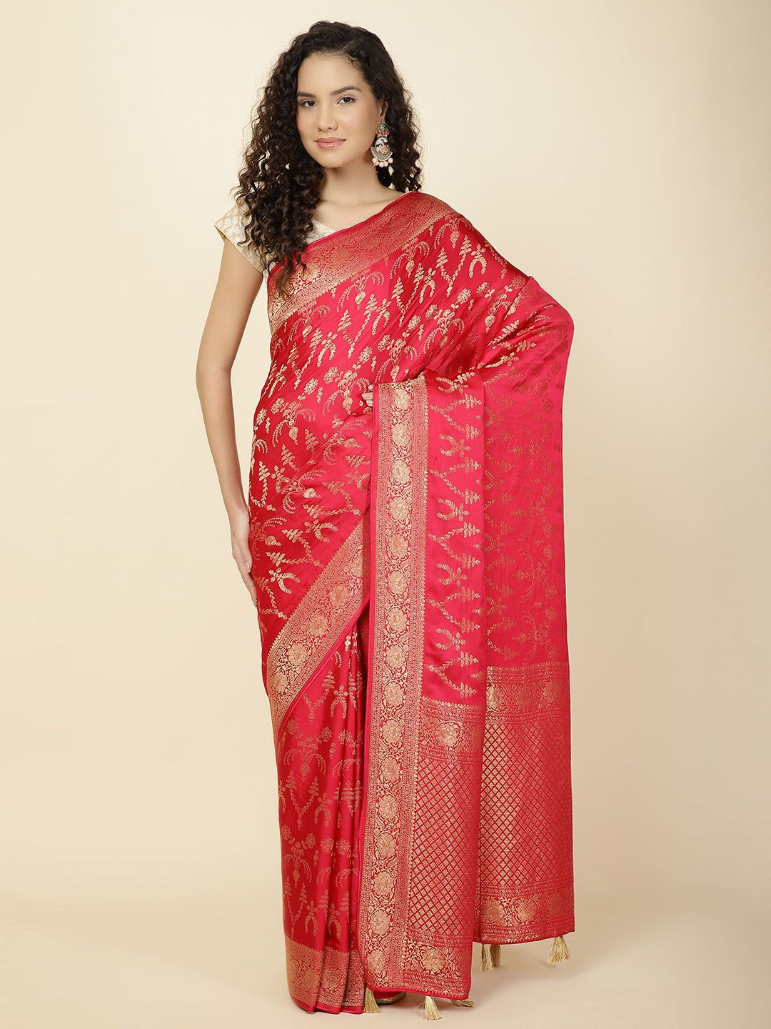 

Meena Bazaar Woven Design Saree with blouse piece, Pink