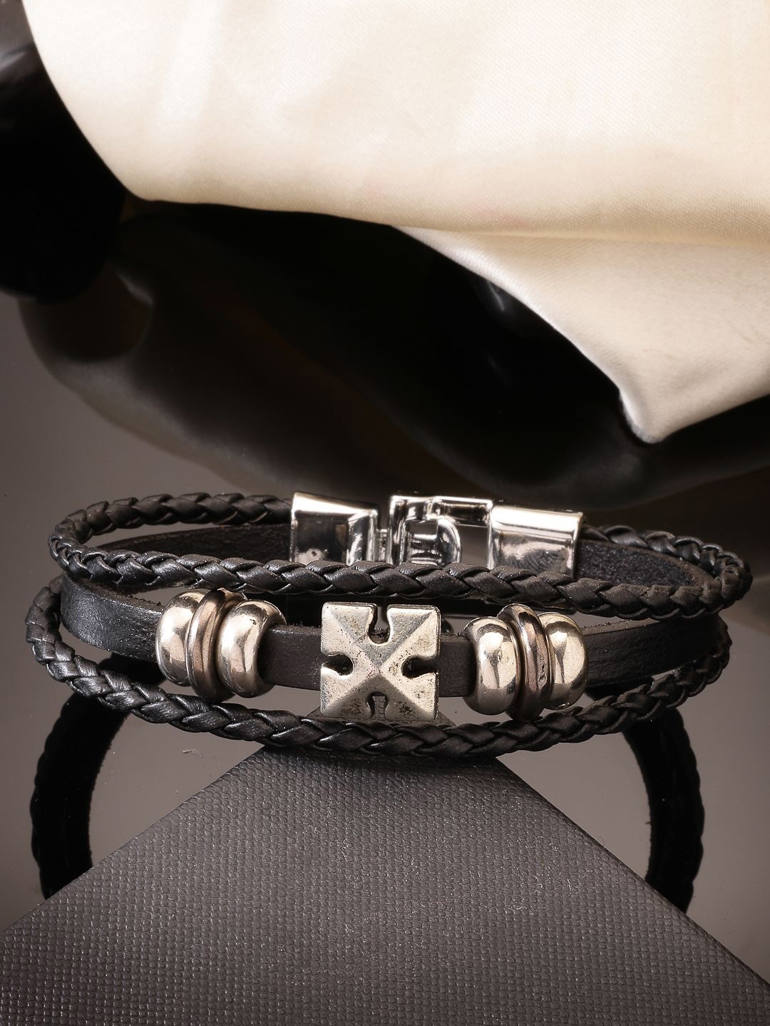 

AQUATAN Men Leather Silver-Plated Multistrand Bracelet