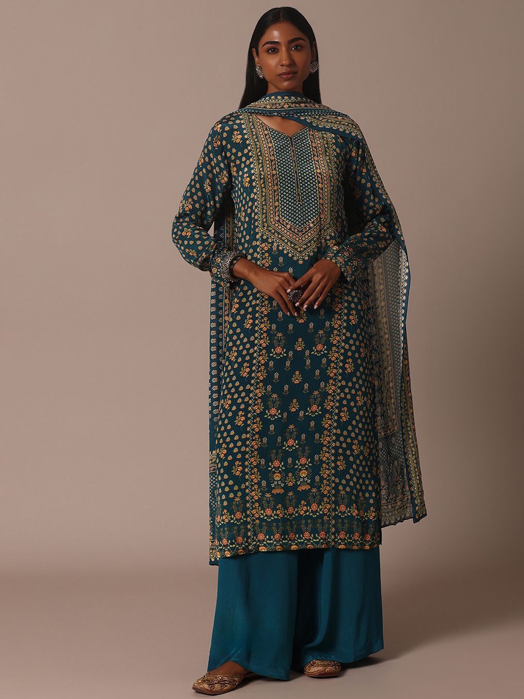 

KALKI Fashion Floral Printed Stone Detail V Neck Kurta with Palazzos & With Dupatta, Blue