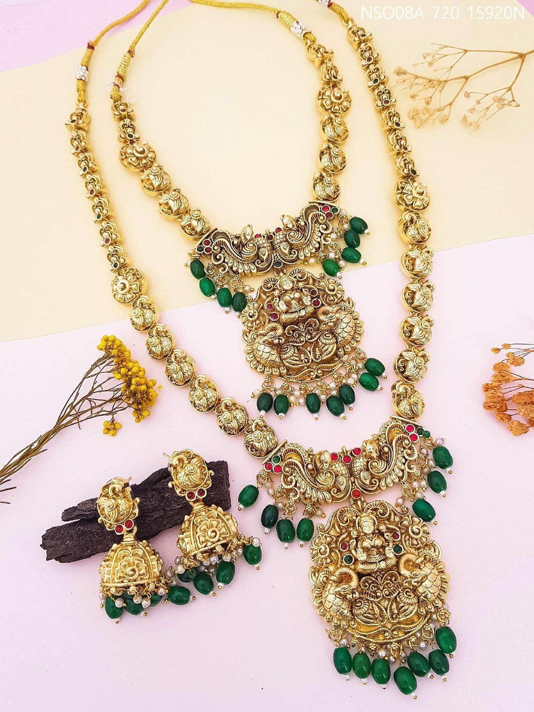 

GRIIHAM Gold-Plated Cubic Zirconia Studded & Beaded Antique Necklace and Earrings