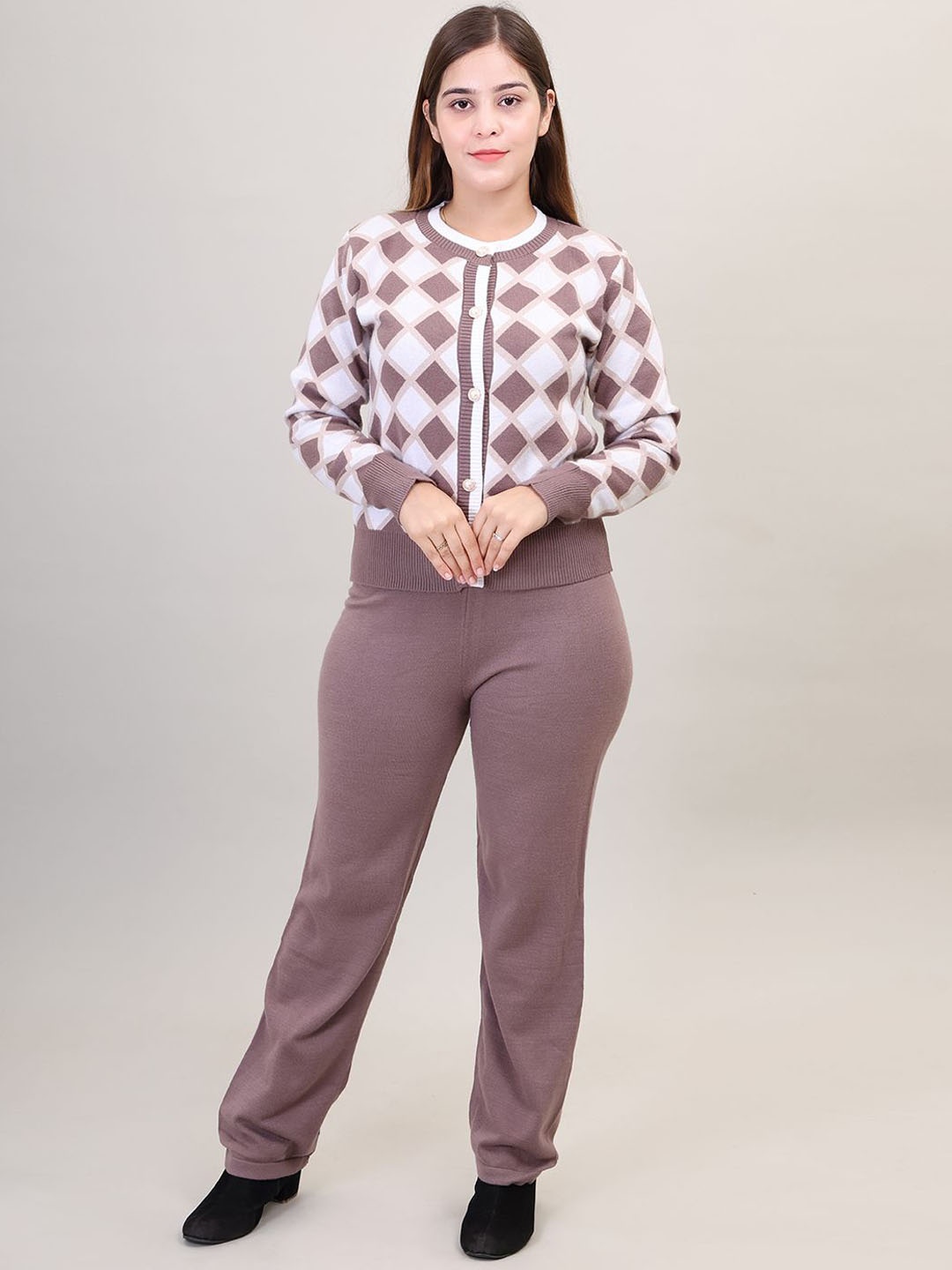 

Camey Pure Wool Printed Sweater With Trouser, Brown