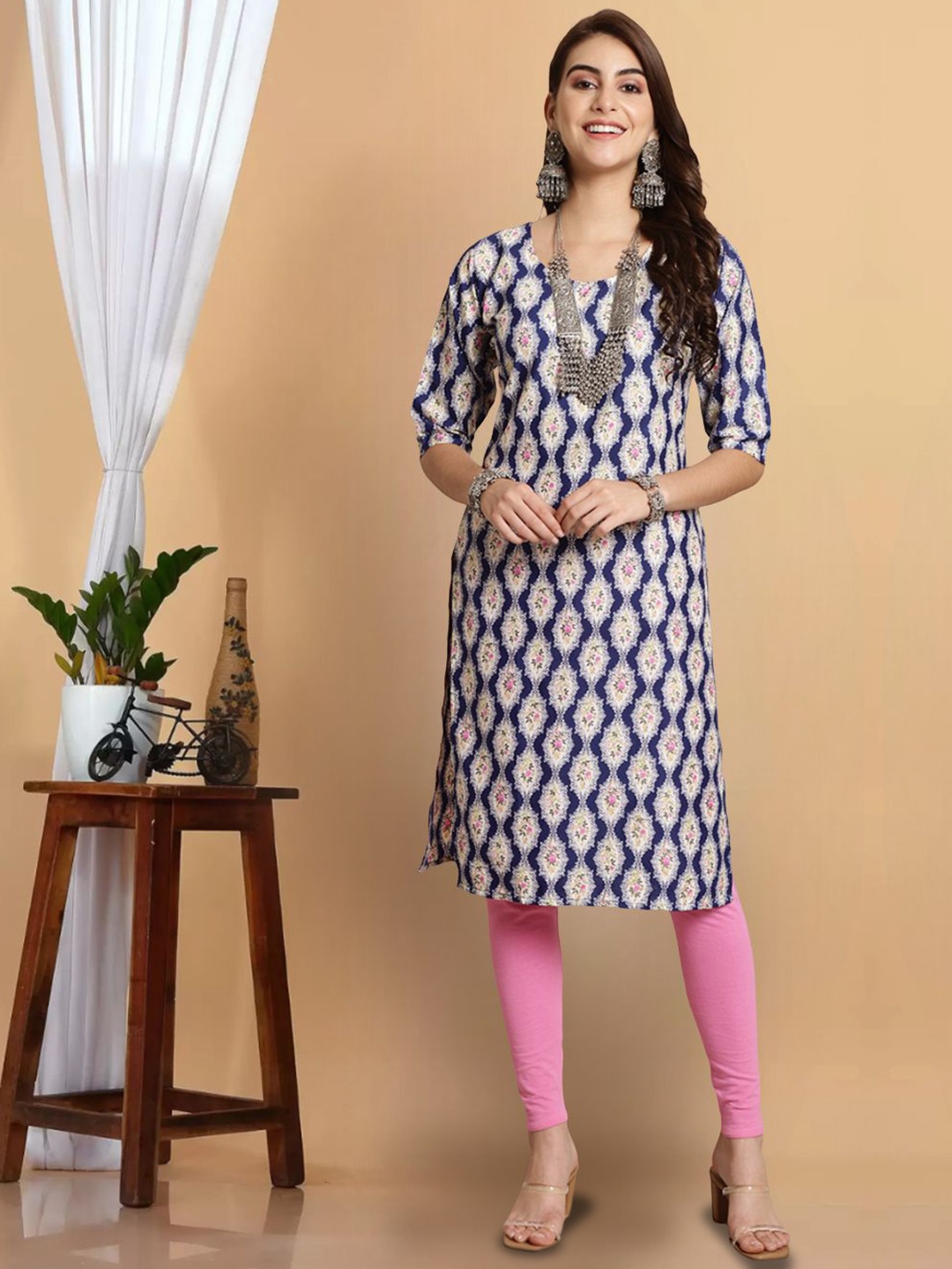 

7Threads Ethnic Motifs Printed Crepe Straight Kurta, Navy blue