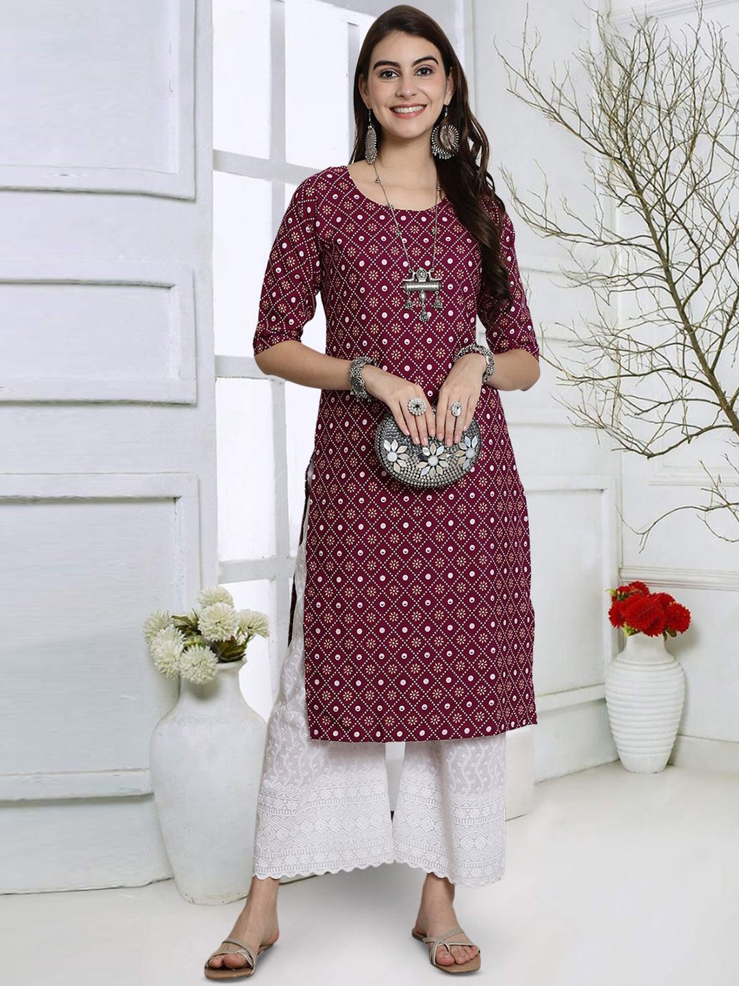 

7Threads Bandhani Printed Round Neck Straight Kurta, Maroon