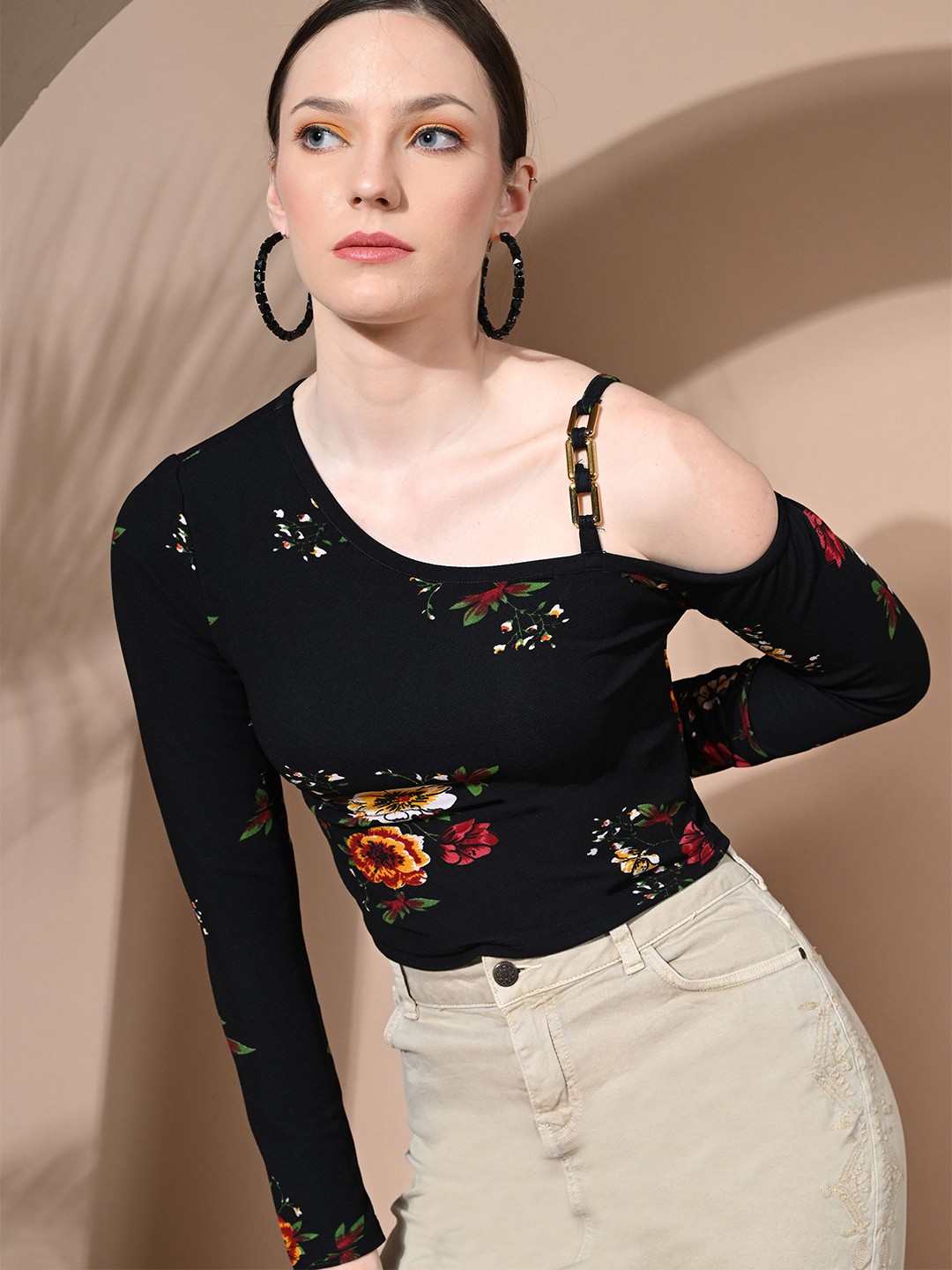 

BAESD Floral Embellished One Shoulder Top, Black