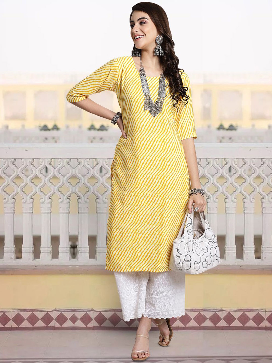 

7Threads Leheriya Printed Round Neck Crepe Straight Kutra, Yellow