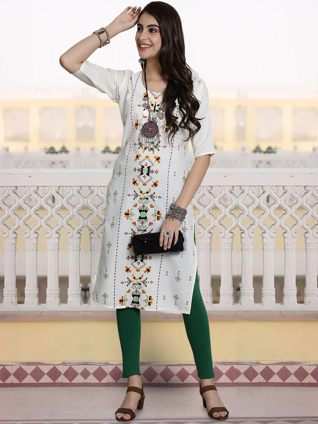 

7Threads Geometric Printed Round Neck Straight Kurta, White