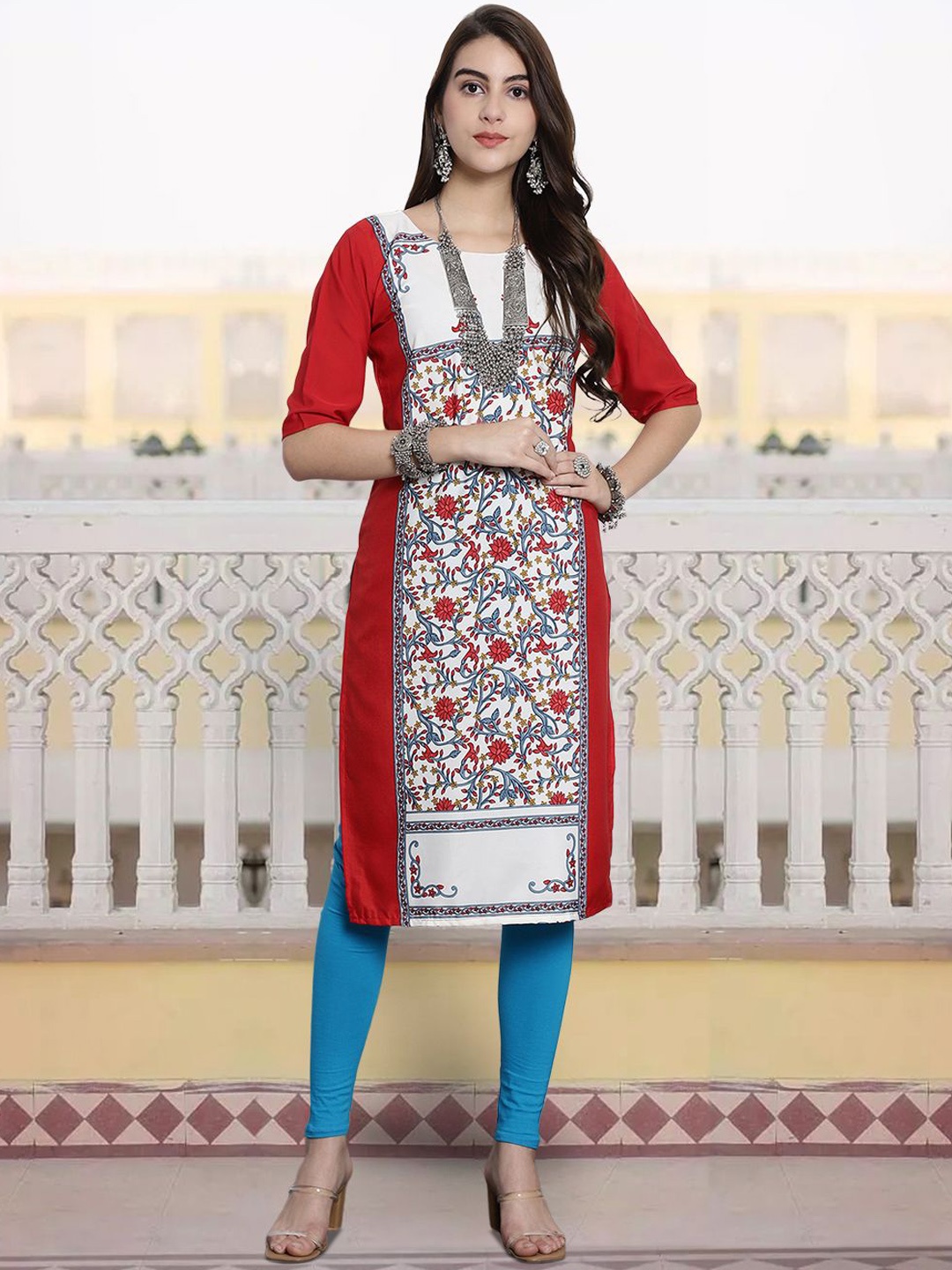 

7Threads Floral Printed Straight Kurta, Red
