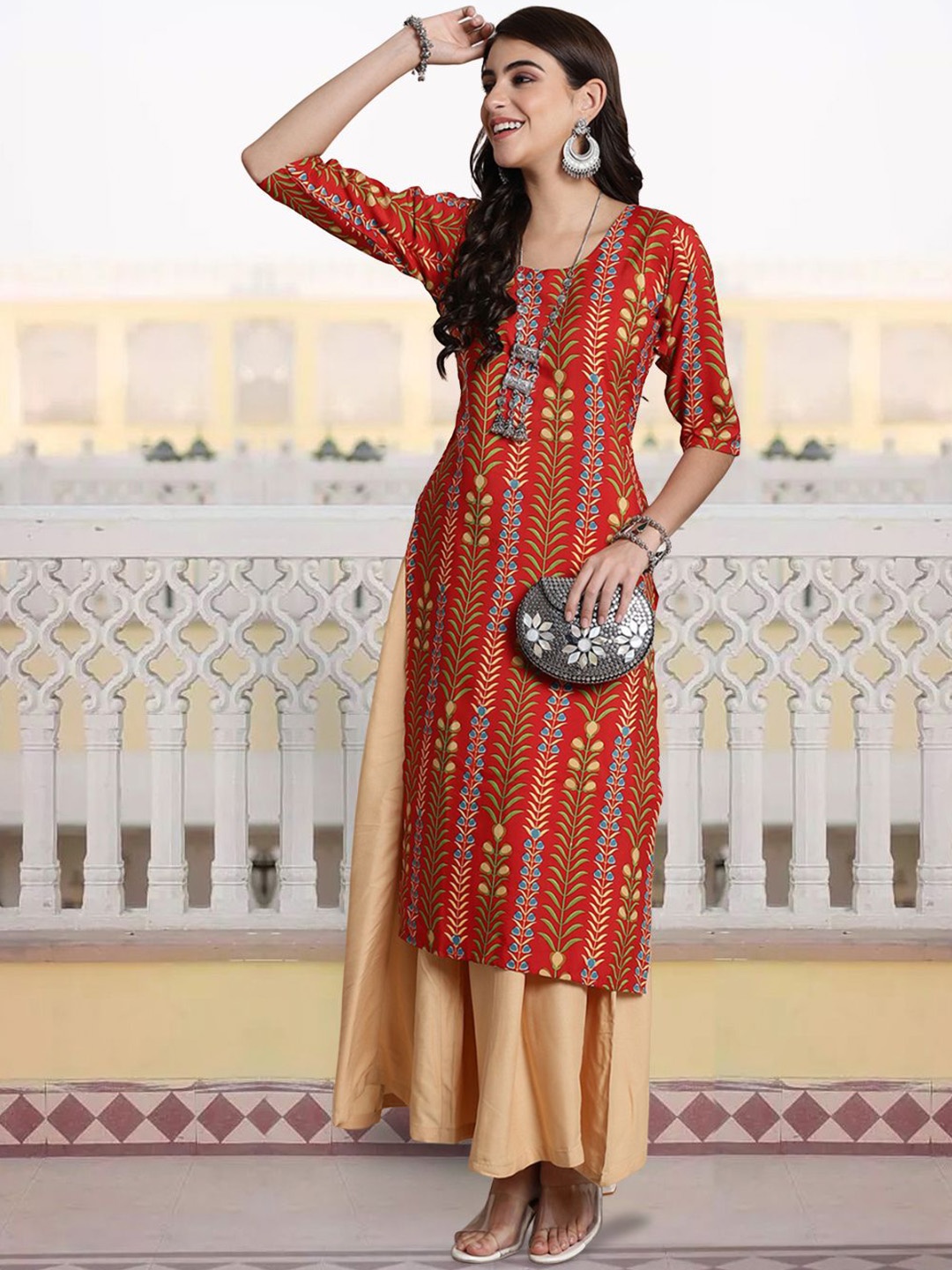 

7Threads Floral Printed Round Neck Three-Quarter Sleeves Straight Kurta, Coral