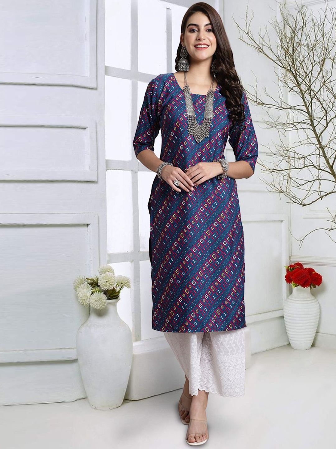 

7Threads Women Geometric Printed Straight Kurta, Blue