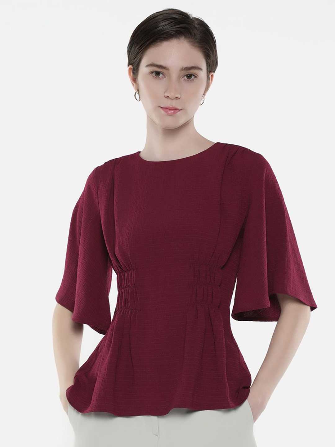 

RAREISM Women Solid Round Neck Top, Maroon