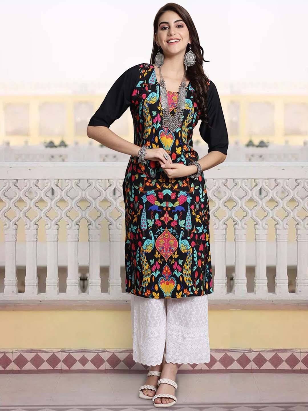 

7Threads Floral Printed Crepe Straight Kurta, Black