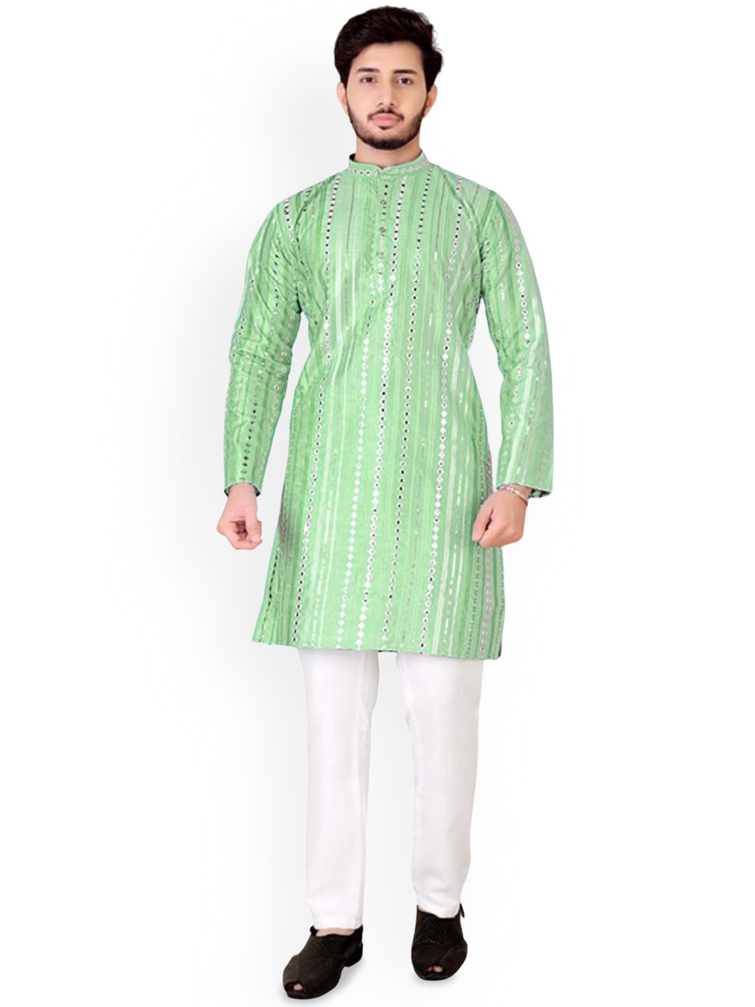 

trustous Men Embroidered Regular Mirror Work Pure Cotton Kurta with Pyjamas, Green