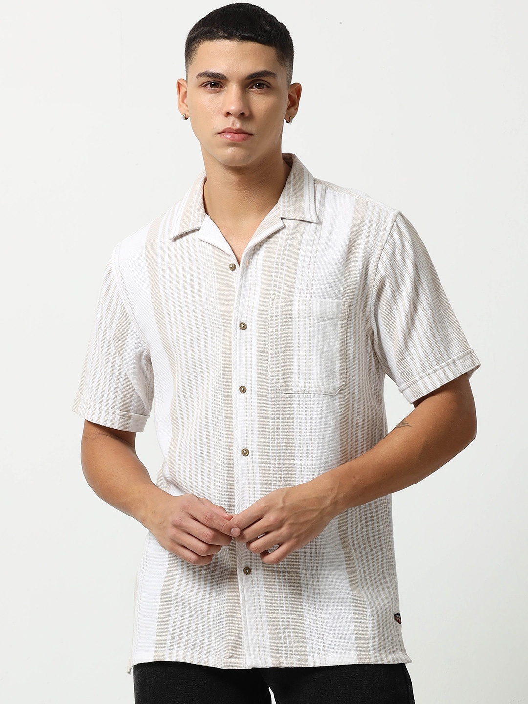 

URBARO Men Smart Slim Fit Opaque Striped Casual Shirt, Khaki