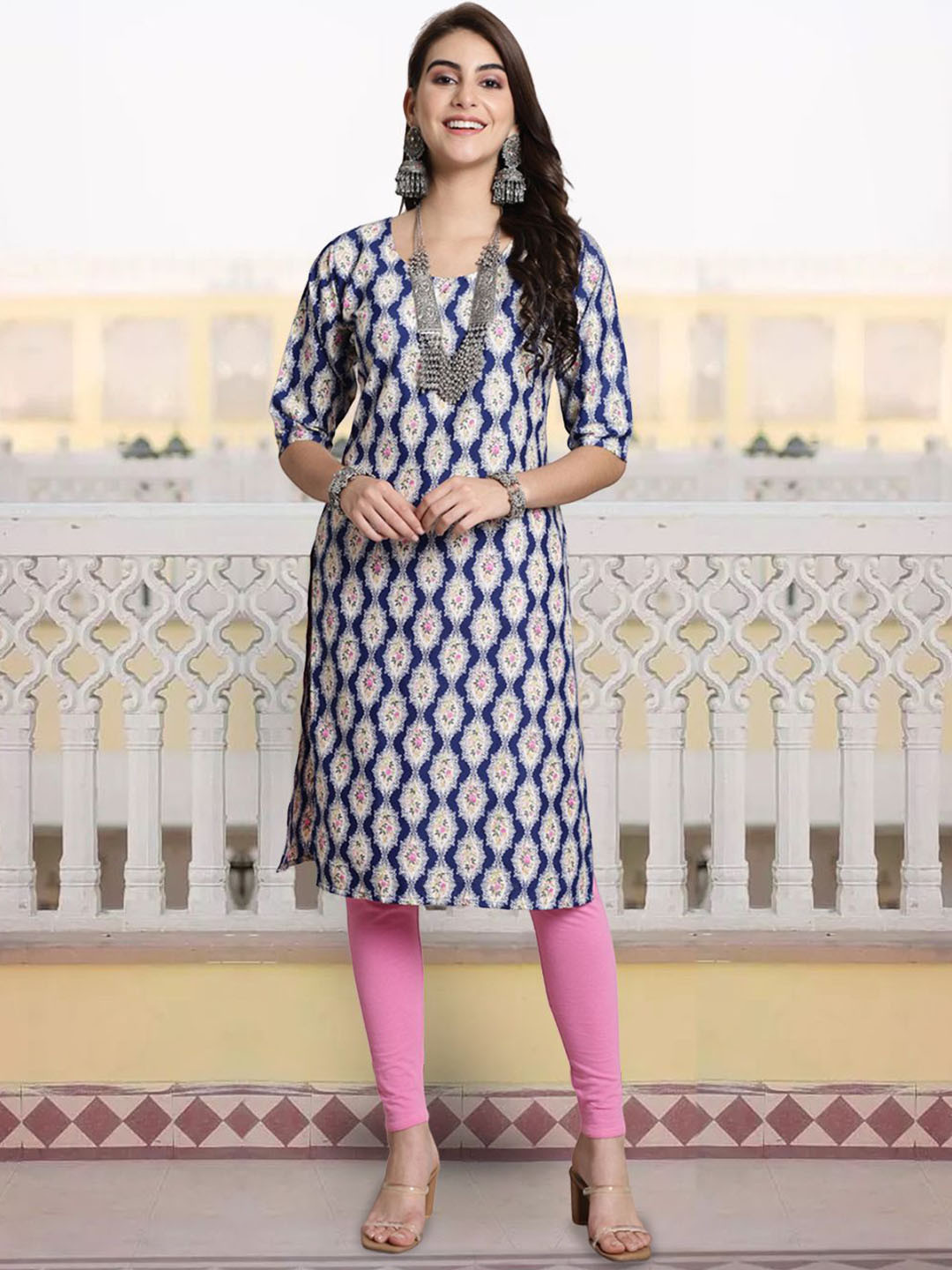 

7Threads Floral Printed Round Neck Crepe Straight Kurta, Blue
