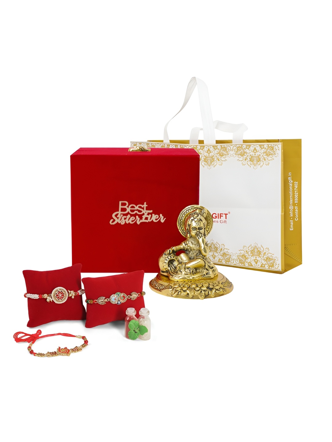 

INTERNATIONAL GIFT Set Of 3 Rakhis With Laddu Gopal Statue Showpiece, Gold