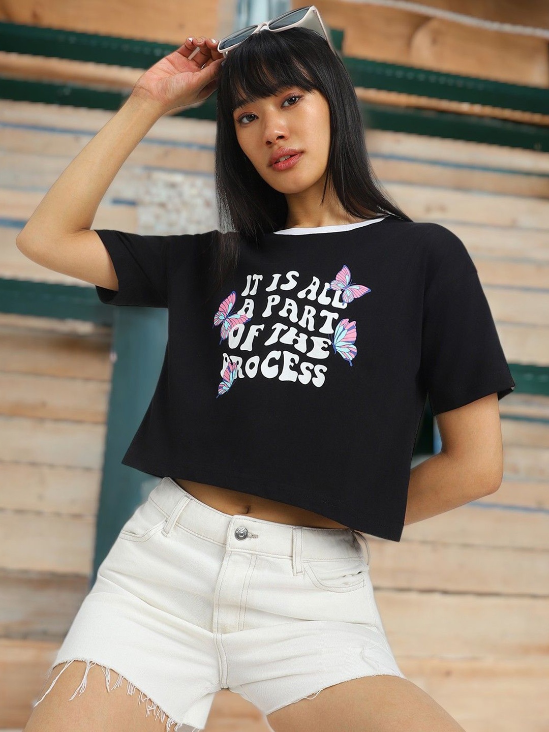 

JUNEBERRY Women Typography Printed Round Neck Pure Cotton Top, Black