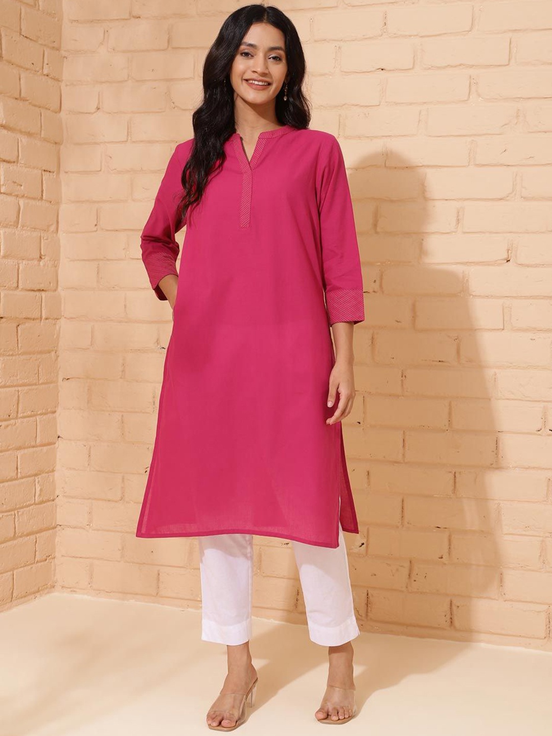 

Fabindia Mandarin Collar Cotton A-Line Kurta, Pink