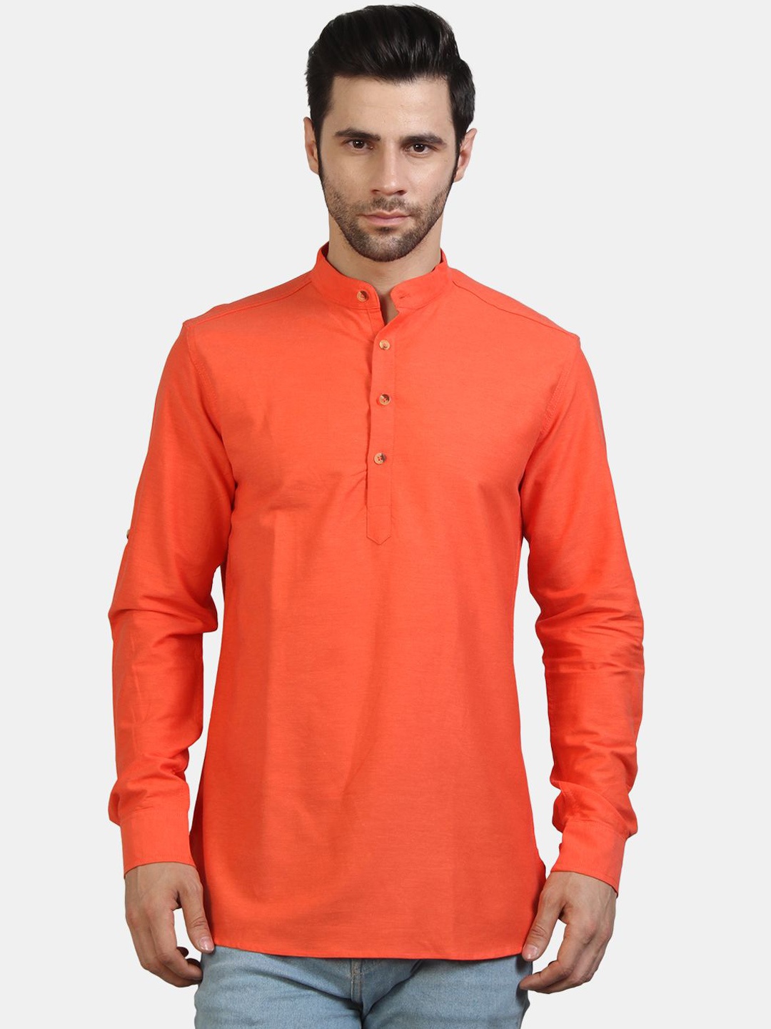 

EdinWolf Mandarin Collar Roll-Up Sleeves Cotton Straight Short Kurta, Orange