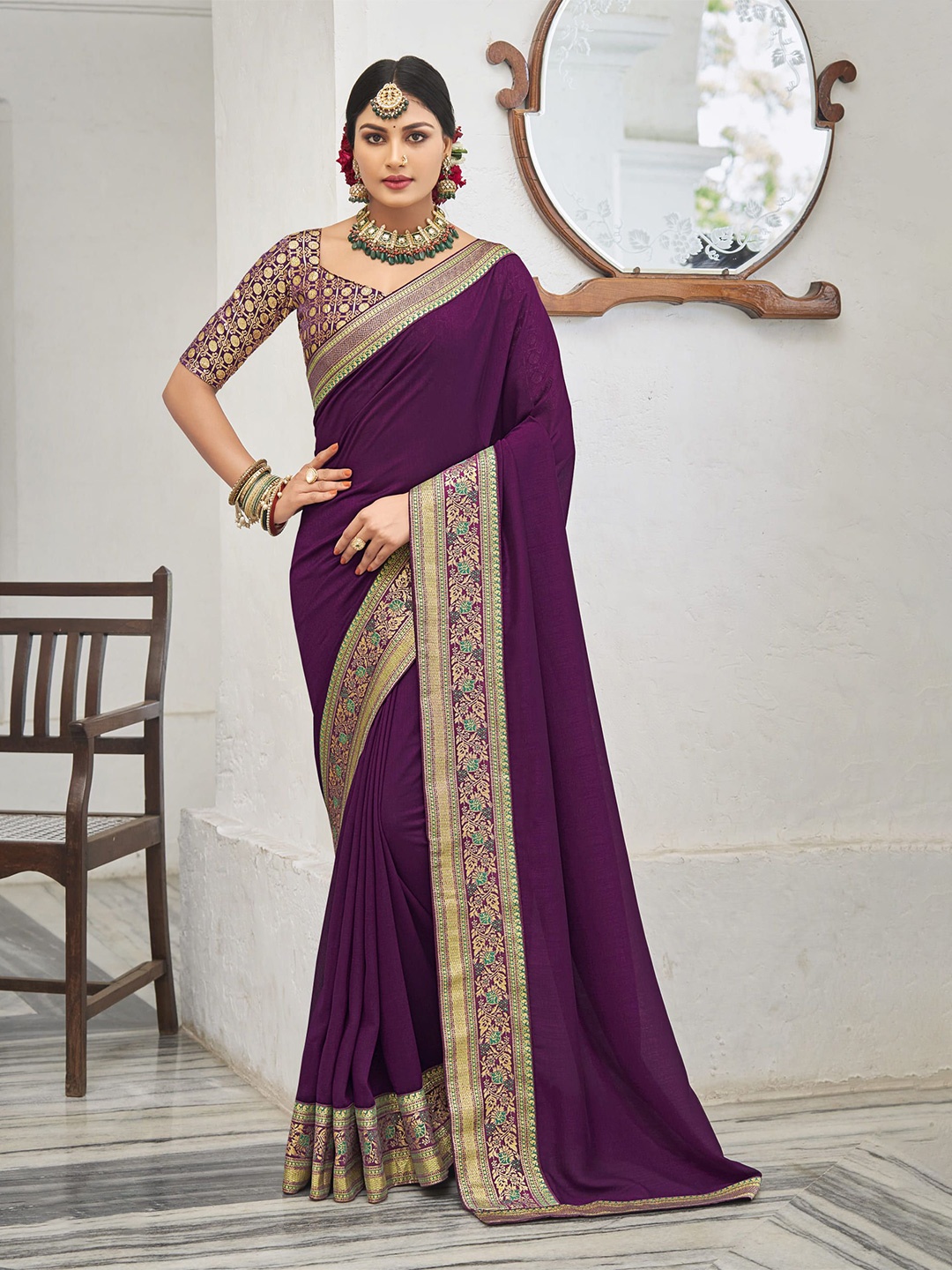 

NIRMAL CREATION Pure Silk Saree with Zari Border, Purple