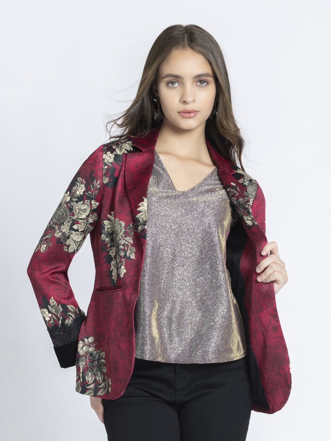 

SHAYE Printed Notched Lapel Single Breasted Blazers, Maroon