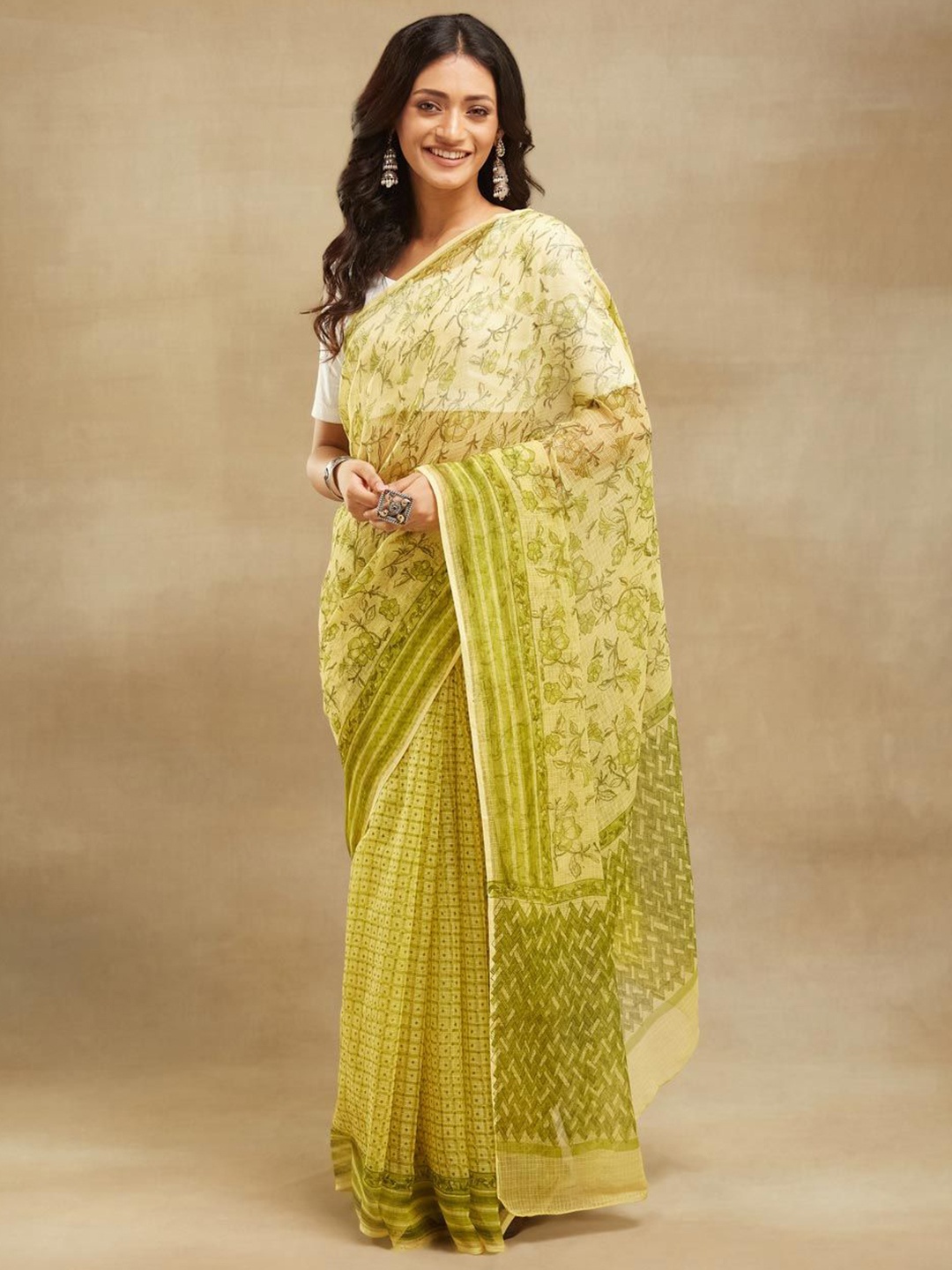

Fabindia Ethnic Motifs Silk Cotton Block Print Saree, Yellow