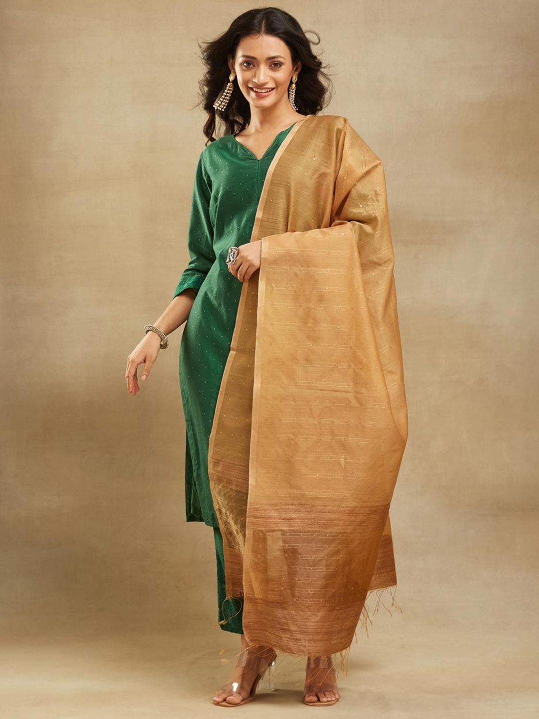 

Fabindia Floral Woven Design Cotton Silk Dupatta, Beige