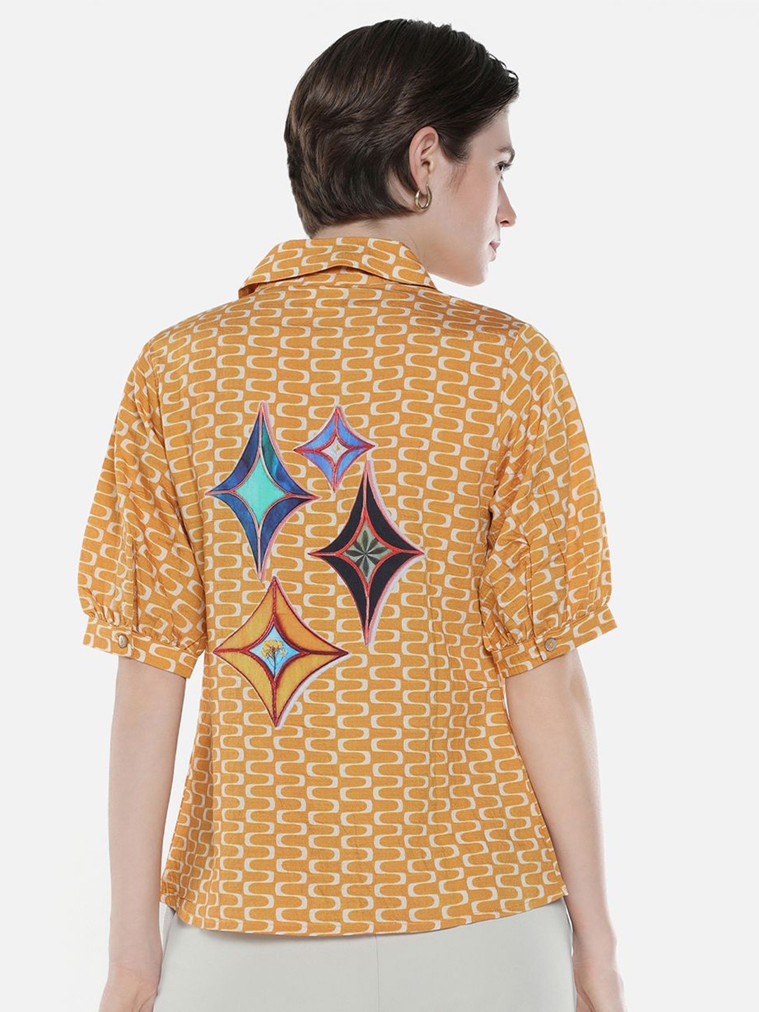 

RAREISM Women Comfort Spread Collar Abstract Printed Nylon Casual Shirt, Yellow