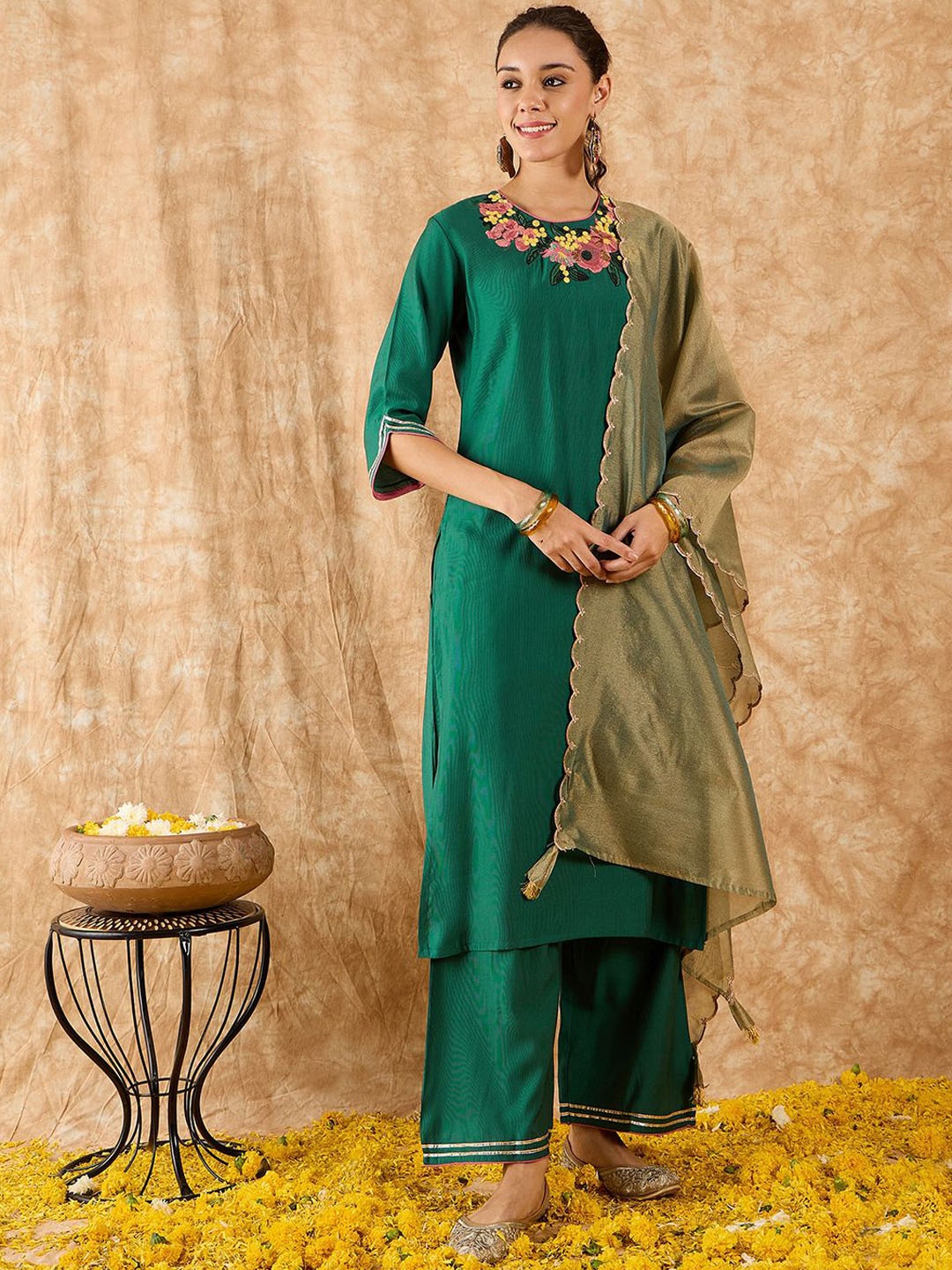 

Indo Era Floral Yoke Design Straight Thread Work Liva Kurta with Palazzos & Dupatta, Green