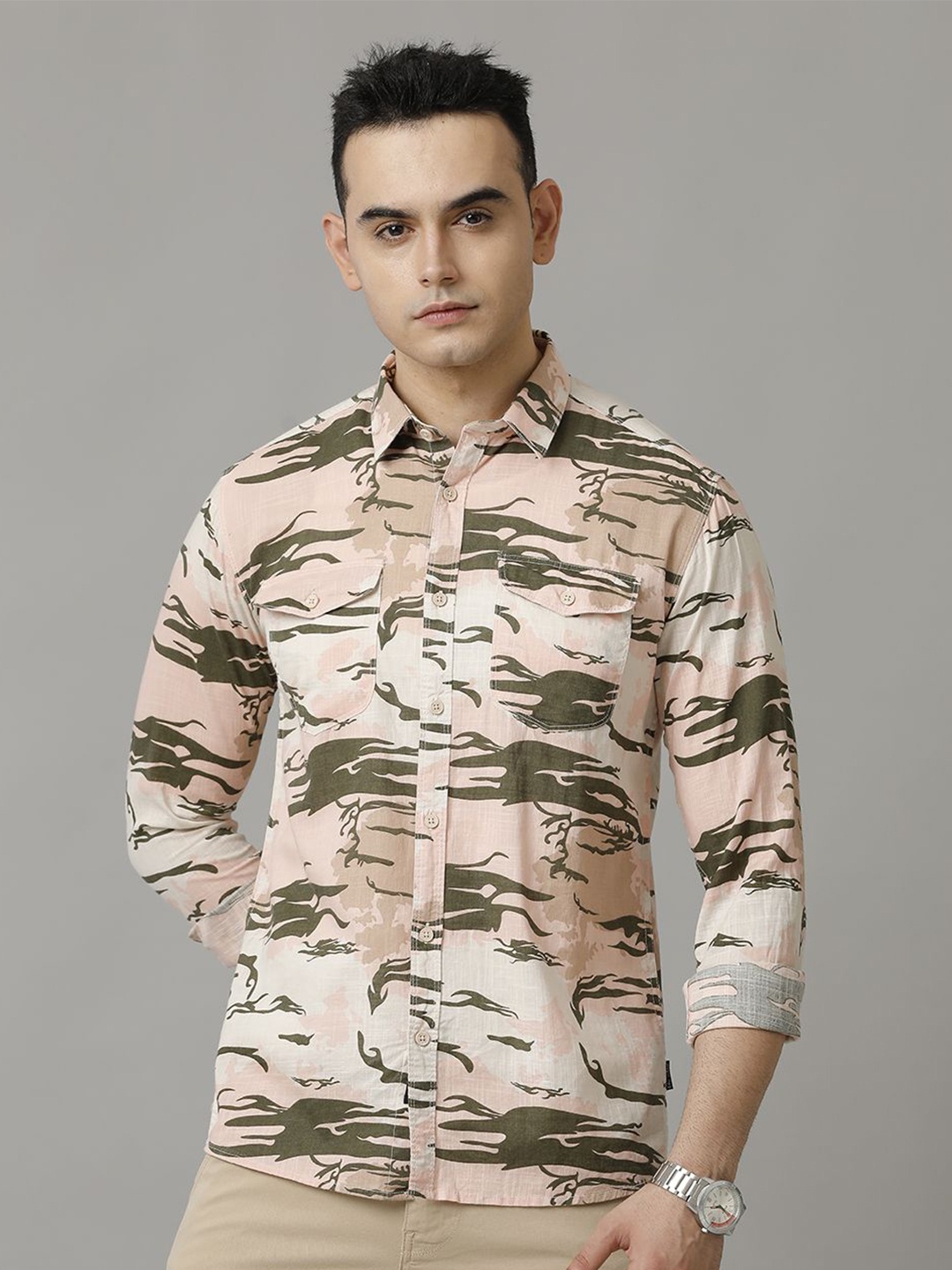

Voi Jeans Men Slim Fit Opaque Printed Casual Shirt, Beige