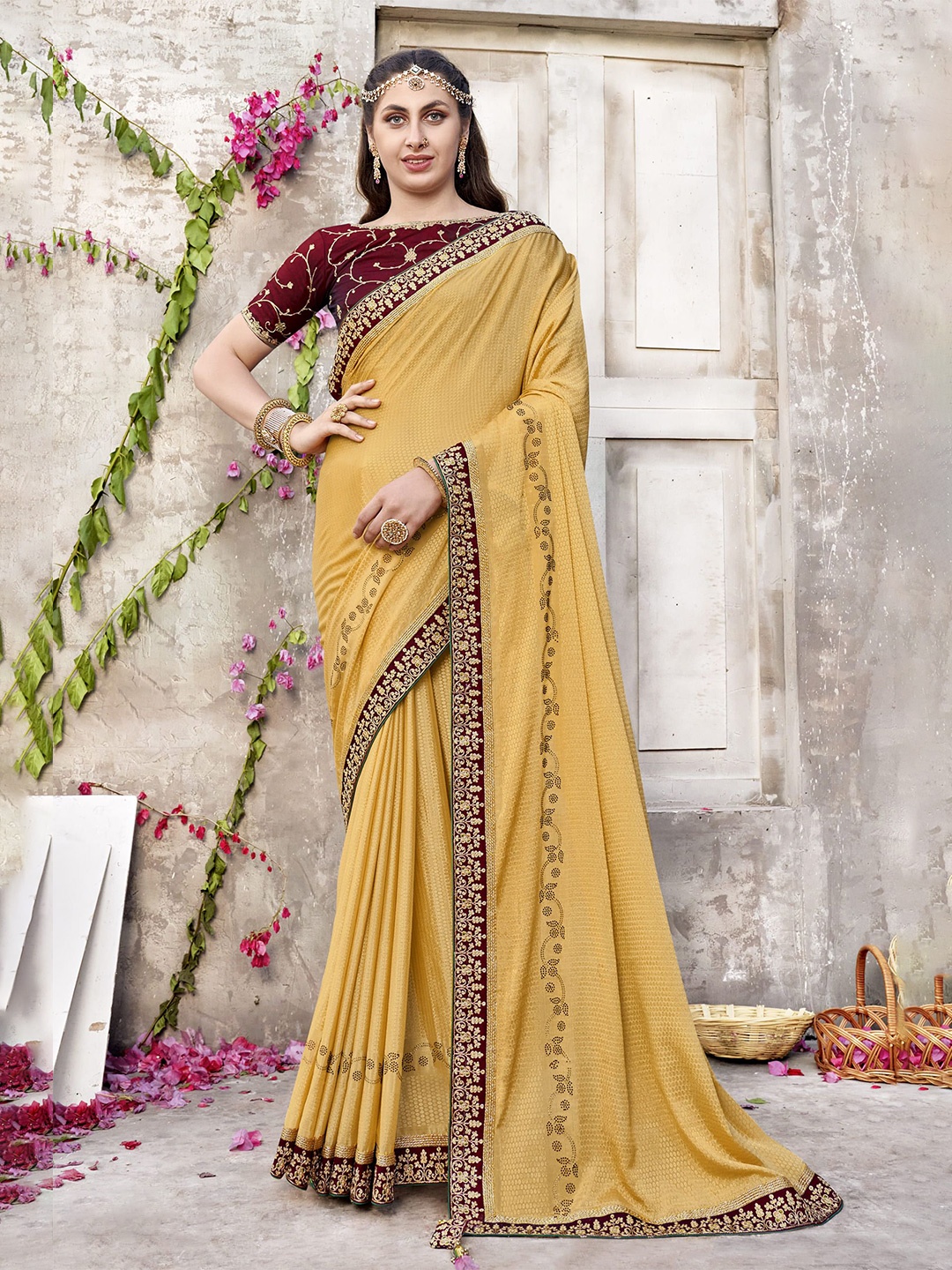 

NIRMAL CREATION Woven Design Pure Silk Embroidered Saree, Yellow