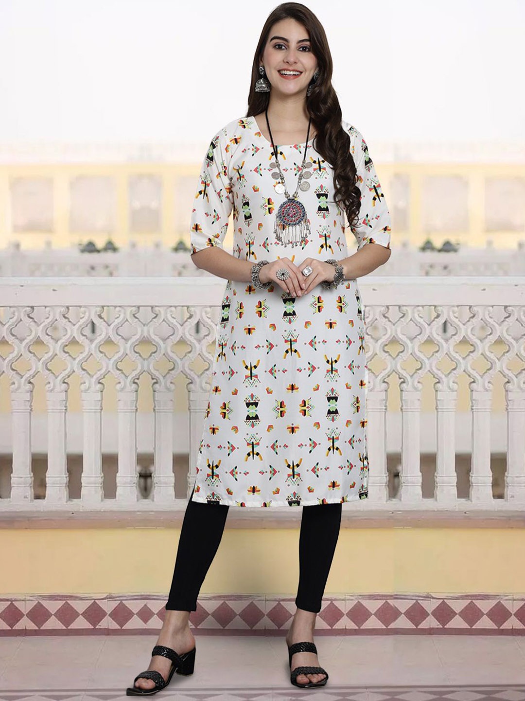 

7Threads Geometric Printed Straight Kurta, White